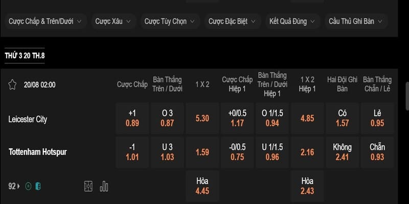Ví dụ kèo trong trận Leicester City và Tottenham Hotspur
